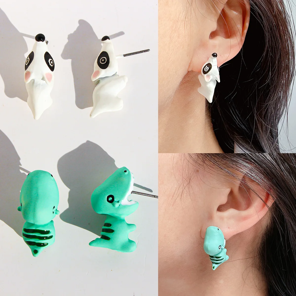 2pcs/1pair Animal Cartoon Stud Earring For Women Cute Dinosaur Little Dog Whale Clay Bite Ear Jewelry Funny Gifts Fashion view 2