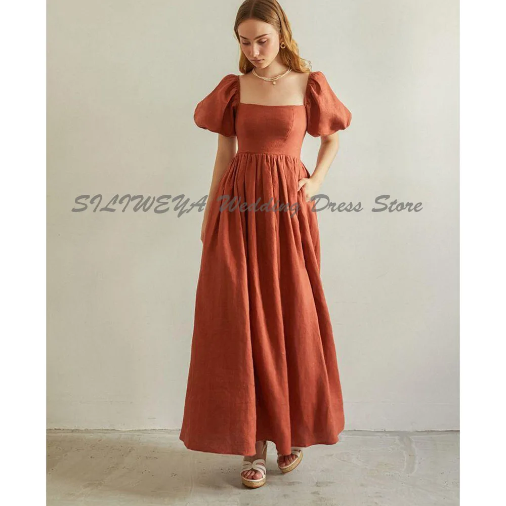Formal Evening Dresses Women Square Collar High Quality Ankle Length Prom Banquet Party A Line Short Sleeves Female Gown Elegant