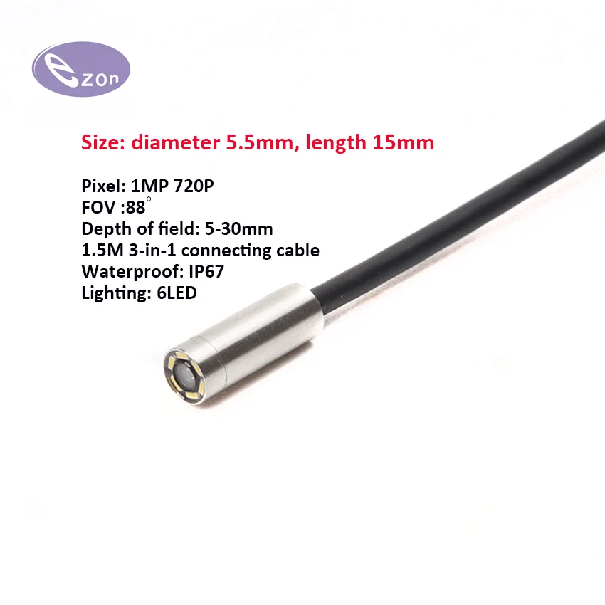 1MP diameter 5.5mm stainless steel tube endoscope FOV88゜3-in-1 cable USB endoscope probe EZ-EN55S-R