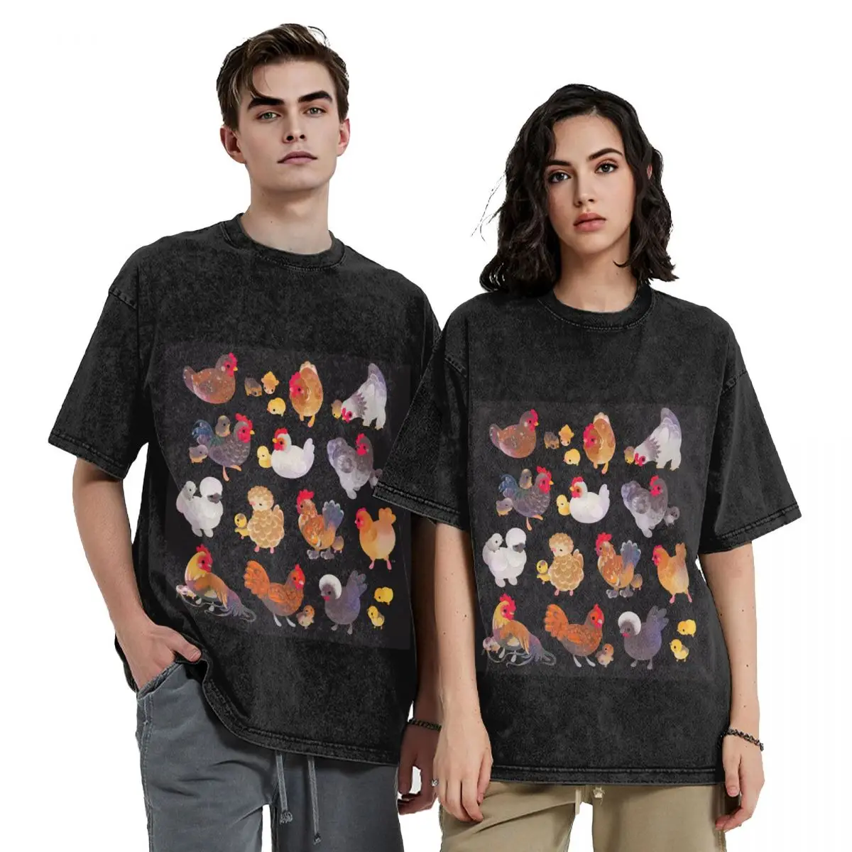 Chicken And Chick - Dark Hip Hop Short Sleeve T-Shirts Washed Tops Tees Streetwear T Shirt Printed for Men woman