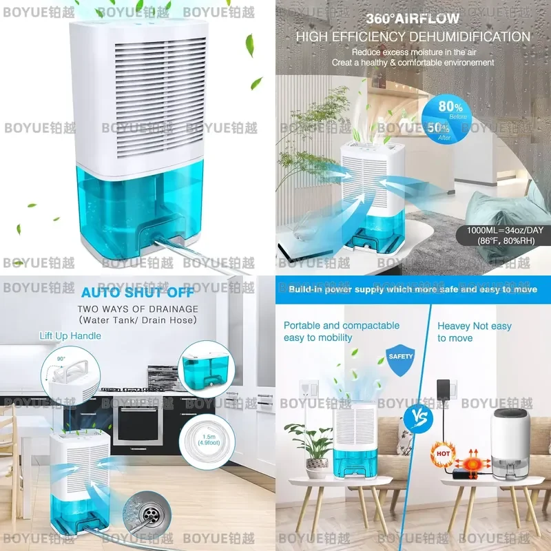2000ml Portable Dehumidifier with Drain Hose Ultra Quiet Mini Air Drier for Home Bedroom Bathroom Closet Up to 650 Sq Ft