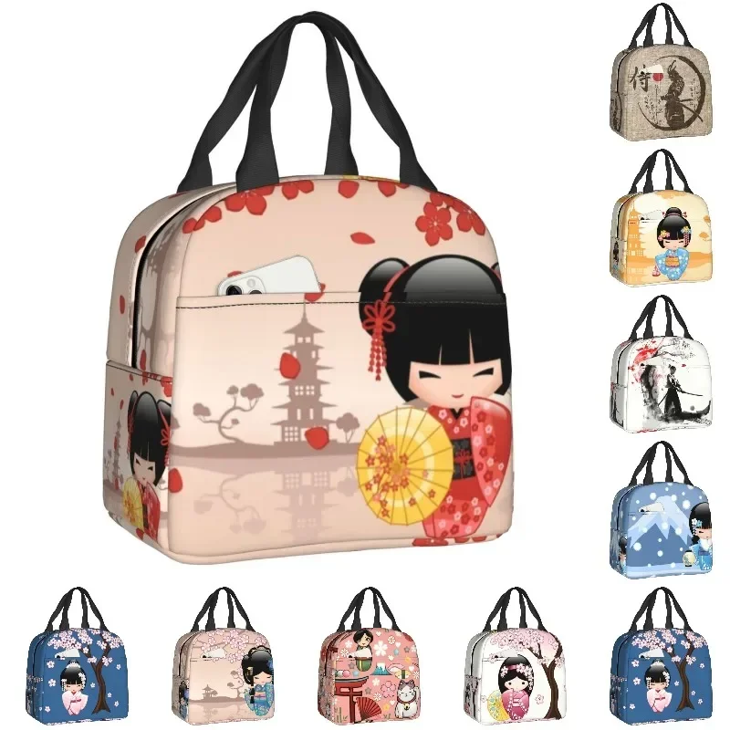 Red Japanese Cherry Blossom Women's perfume Kokeshi Doll Thermal Bag Women's Lunch Recyclable Cute Women Cherry