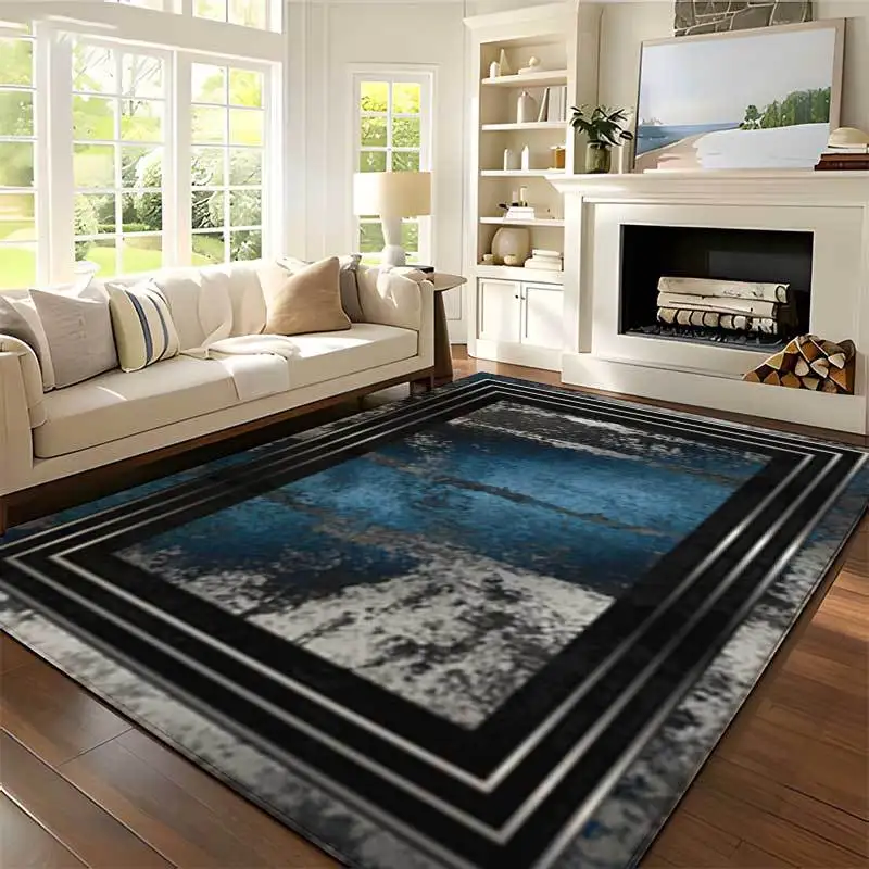 [2d Flat]1Pc Distressed-Style Abstract Rug (Blue, White, and Black) with Multi-Border Design – Ideal for Living Rooms and Bedrooms, Modern Minimalist Floor Covering, Home Decor Rug