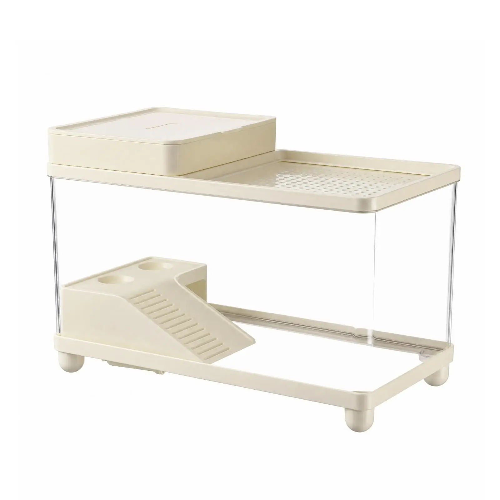 Desktop Reptile Enclosure with Sloped Ramp and Covered Upper Compartment for Gecko Serpent Mantis Breeding Tank