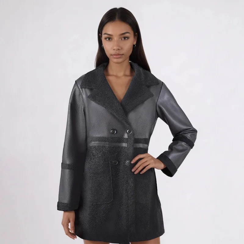 

Cross-border Medium Long Women's Leather Jacket Splicing Retro Double-sided Wear Fleece Thickened Fur Integrated Customization