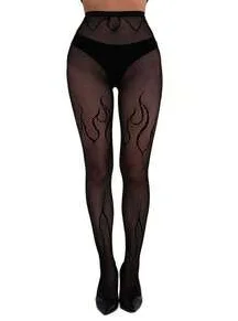 

Women's Black Tribal Tattoo Fishnet Pantyhose, High Waist Lace Patterned Seamed Stockings, WEANMIX Mesh Tights with Tribal Flame Print, Sexy Sheer Fishnet Legwear for Party
