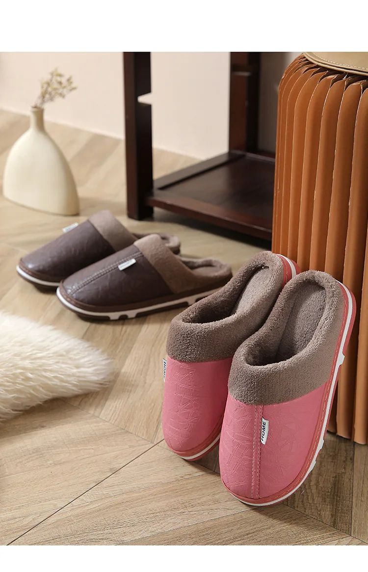 ZUOFU Warme, wasserdichte Hausschuhe aus PU-Leder mit Plüschfutter, Winter-Kunstfellkragen, rutschfeste Paar-Hausschuhe für Damen und Herren, große Größen – Detail 14