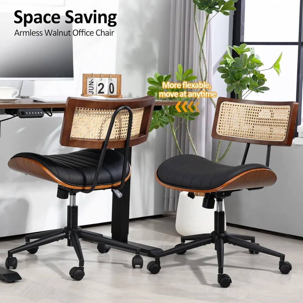 كرسي مكتب منزلي بعجلات، كرسي مكتب بارتفاع قابل للتعديل مع مسند ظهر من الخيزران، كرسي كمبيوتر دوار من الجلد، حديث بدون ذراع #6