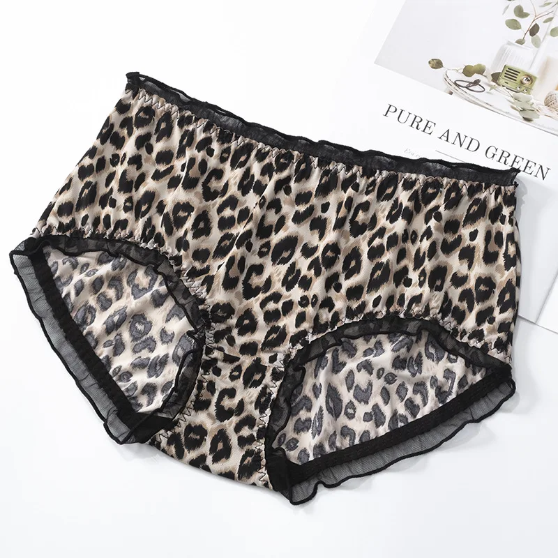 SP & CITY-Leopardo Impressão Leite Seda Roupa Interior Sexy para Mulheres, Virilha de Algodão Elástico Alto, Cuecas Grandes Ruffle, Cuecas Finas Sem Costura