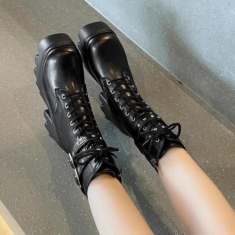 2024 New Fashion Platform Wedges Motorcycle Boots for Women Buckle Black Ankle Boots Shoes Woman Gothic Thick High Heels Botas