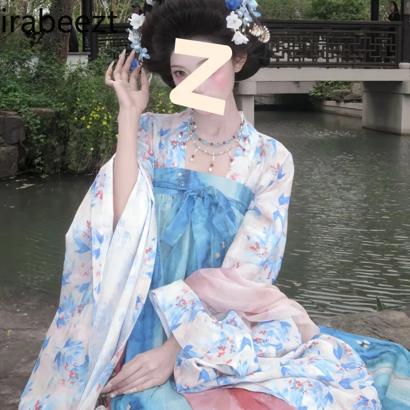 

New Chinese Hanfu Dress Women's Summer Blue Floral Print Tang Style Two-Piece Set with Wide Sleeves & High Waist Skirt