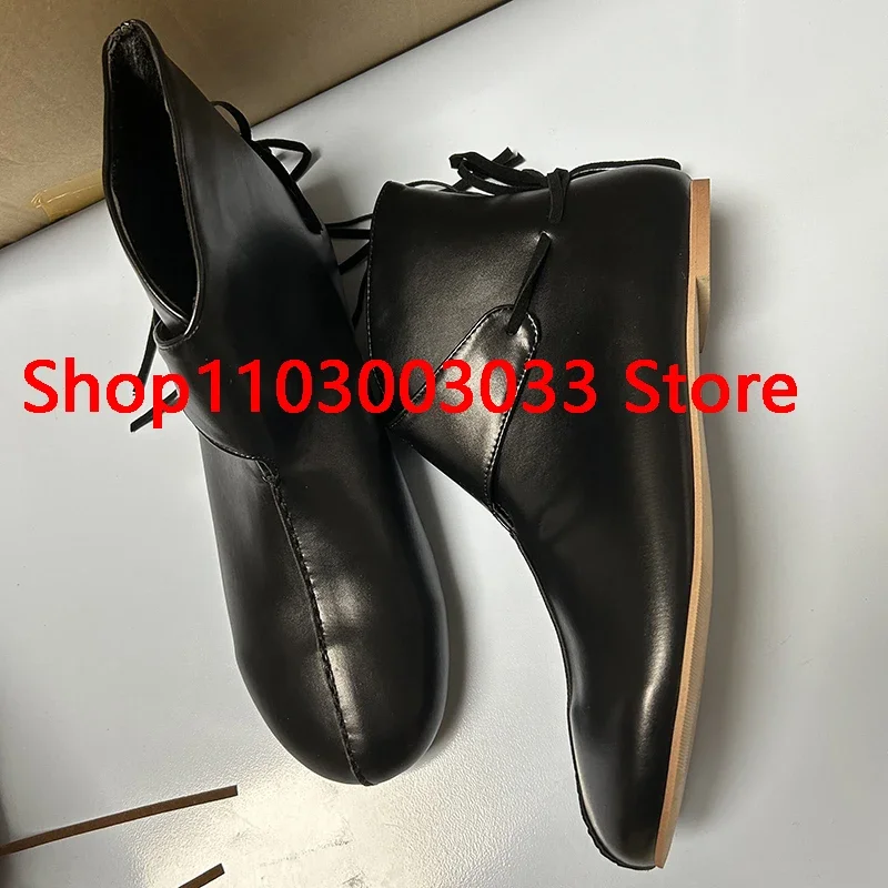 Herren Mittelalterlicher Ritter Krieger Cosplay Kurze Flache Stiefel Retro Schwarz Pu Leder Runder Kopf Stiefeletten Japanische Samurai Schuhe