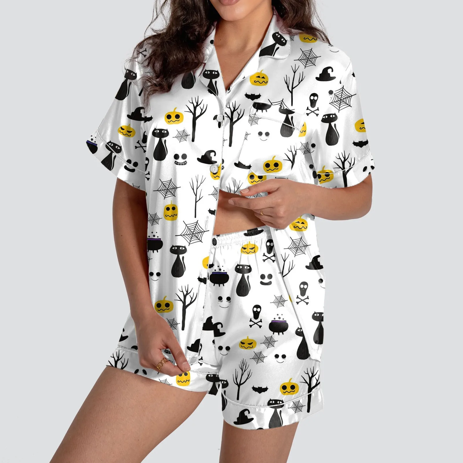 

Spooky Pattern printing Women's 2-Piece Button Down Short Sleeve Button Front Sleepwear Loungewear PJ Set Summer Home Suit