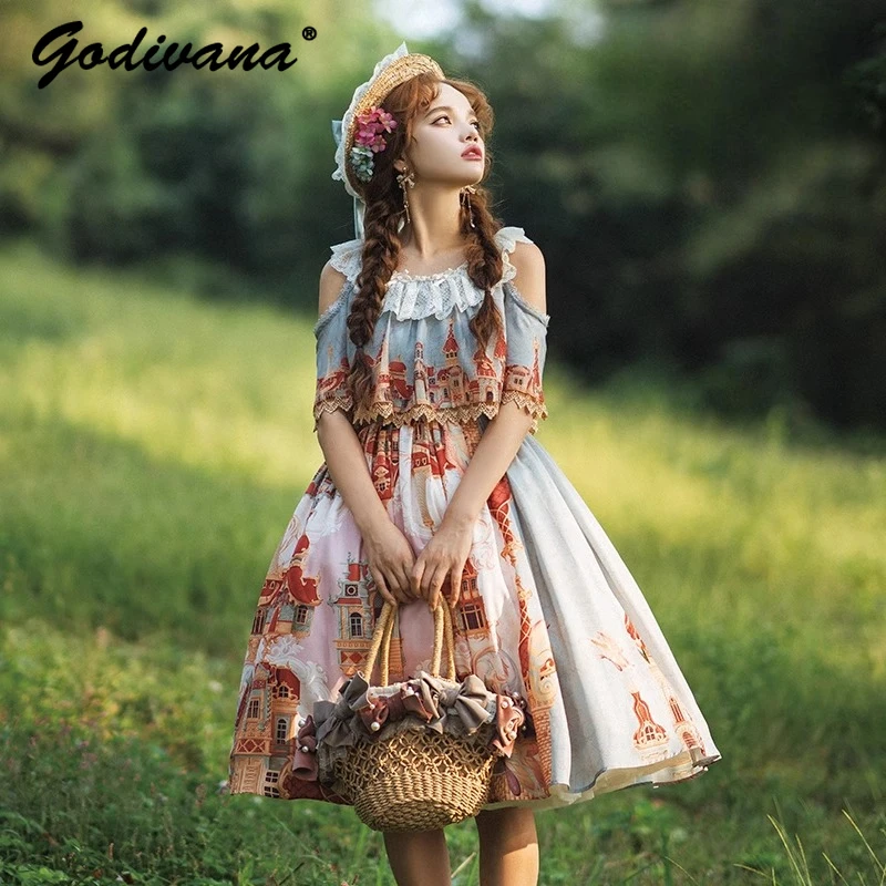

Original Lolita OP Dress New Spring and Summer Original Female Girls Oil Painting Off Shoulder Short Sleeve Cape Dress