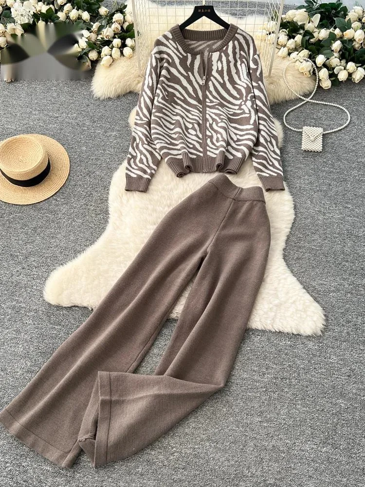 

Осенние вязаные комплекты из 2 предметов с принтом зебры, повседневный топ на молнии с длинными рукавами + эластичные широкие брюки, уличная одежда, костюмы-свитера