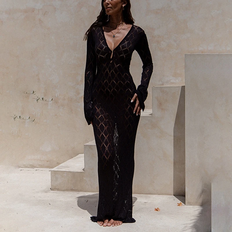 Abito estivo con fasciatura a V profonda a maniche lunghe, copricostume da donna in maglia, costume da bagno sexy da spiaggia all'uncinetto, costume da bagno femminile