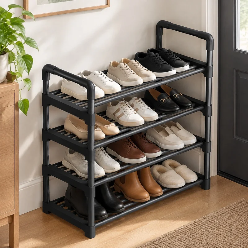 Compact Black Shoe Rack with Multiple Levels, Space-Efficient Organizer for Dorms and Entryways