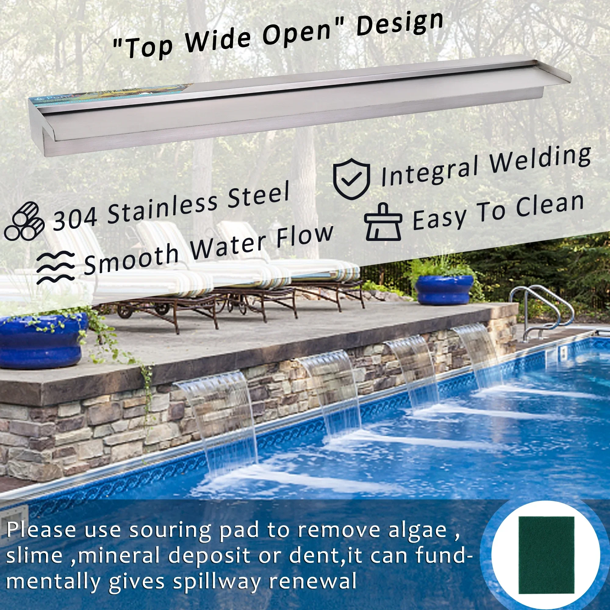 Pool Fountain 36inch,Stainless Steel Waterfall with Wider Water Flow Platform,Spillway Cleaning Kit for Garden