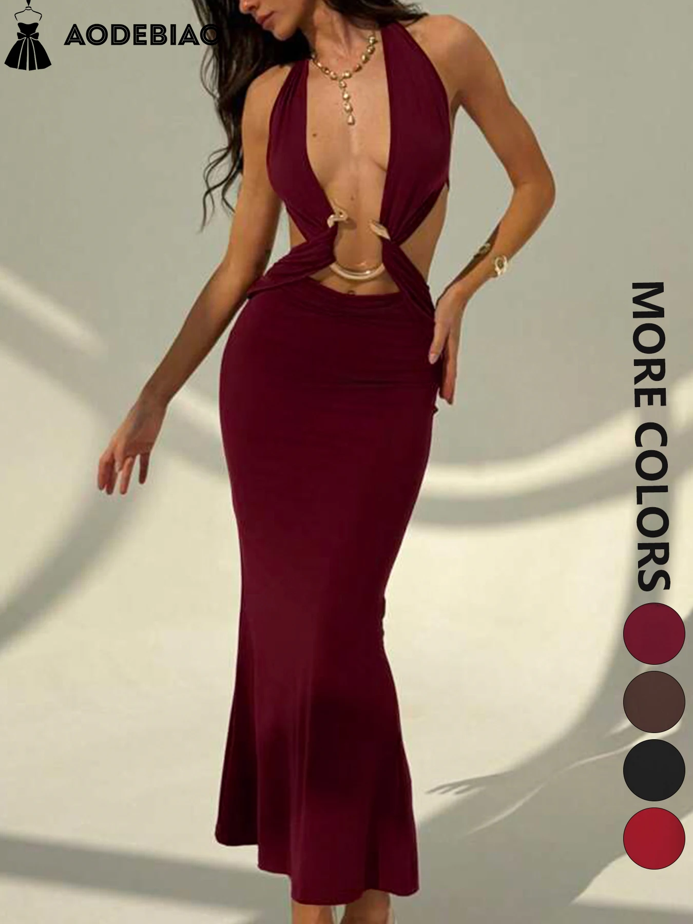 

AODEBIAO Women's Dress Summer Sleeveless Halter Deep V-neck Solid Maxi Dresses Fashion Sexy Backless Casual Elegant Party Dress