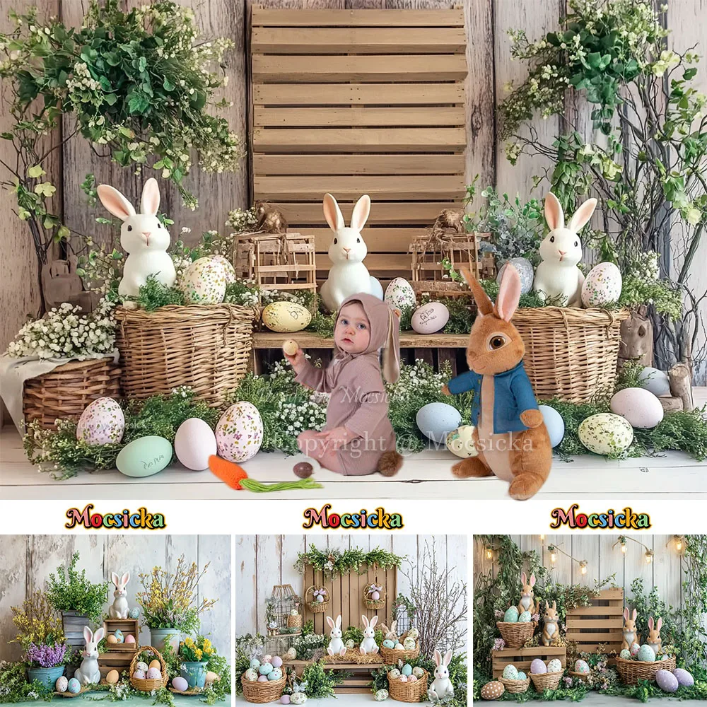 Mocsicka Easter Photography Background Bunny Eggs Garden Wooden Wall Backdrop Decor Spring Kids Cake Smash Photo Studio Props