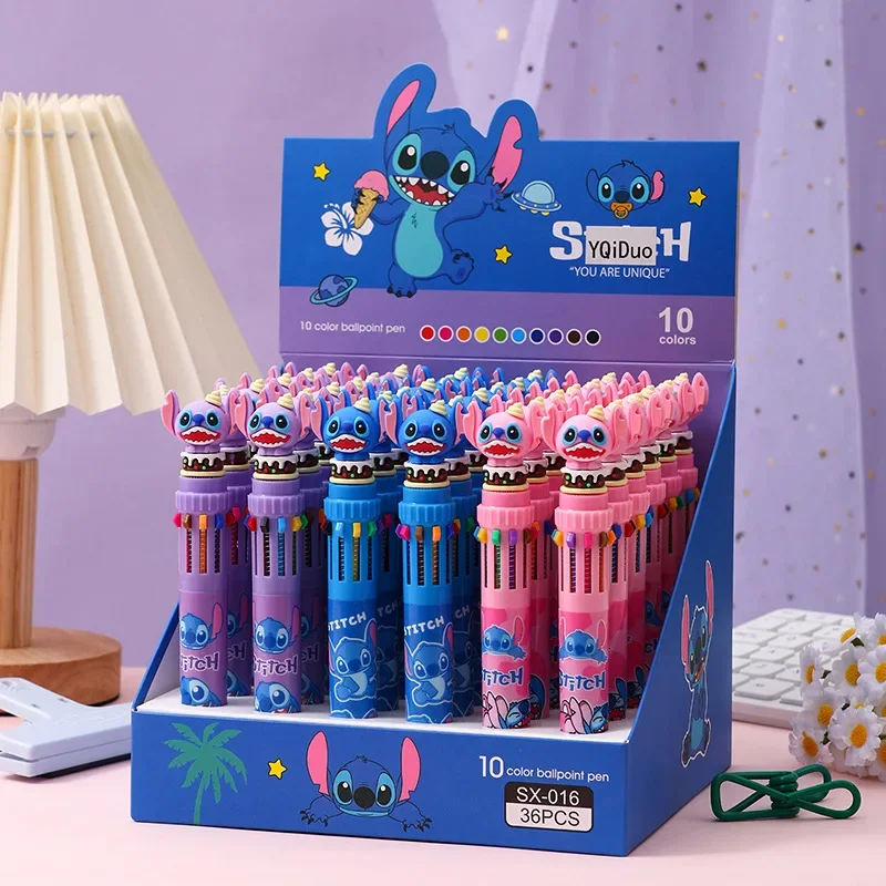 Disney Stitch Ten Color Ballpoint Pens Lilo & Stitch Cartoon Style Multi-color Painting Pen Kids School Supplies Signing Pen