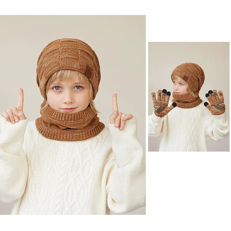 Conjunto de gorro y bufanda para niños y niñas, protección cálida para los oídos, gorro de punto de felpa, bufanda de redecilla, guantes para niños,