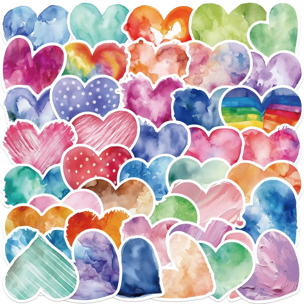 50PCS Cartoon Watercolor Love Heart-shaped Waterproof Graffiti Stickers for Helmet Bicycle Hand Account Pencil Case Decals