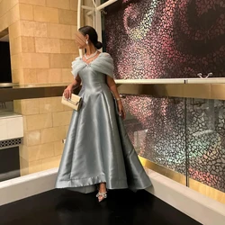 Customized Off the Shoulder A-line Silver Satin Evening Dresses V-neck Ankle Sweep Train Appliques Party Prom Gown