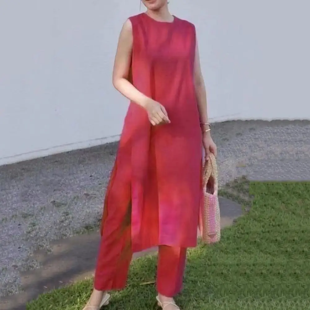 

2 шт./компл. верхний брючный костюм с круглым вырезом и высоким разрезом, свободный длинный топ без рукавов с круглым вырезом, женская футболка, брючный комплект, комплект женской одежды