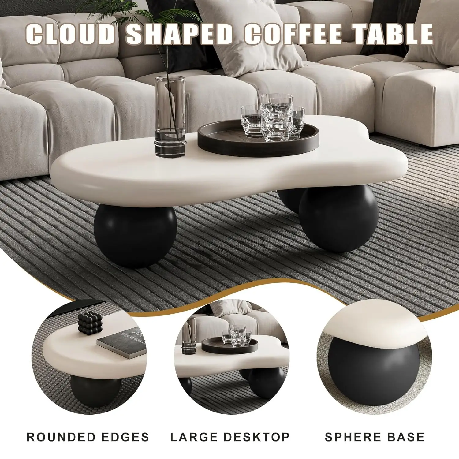 Modern Cloud Coffee Table With 3 Ball Legs, Cute Irregular Shaped Coffee Table, Low Center Table Tea Table For Small Space Livin