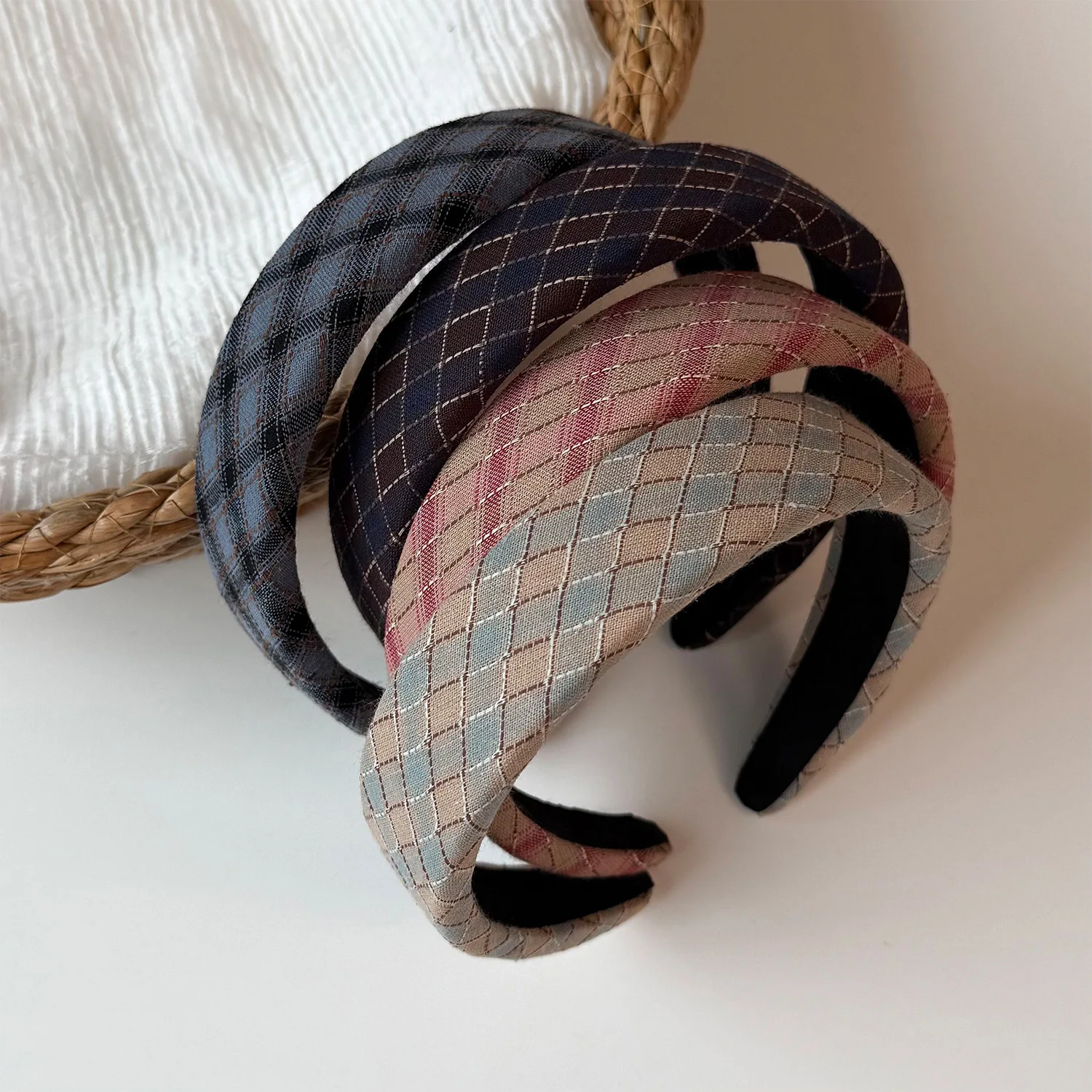 Early Autumn New Diamond Checkered Padded Headband for Women Metallic Thread Wide Non-Slip Hair Hoop High Crown Hair Accessories