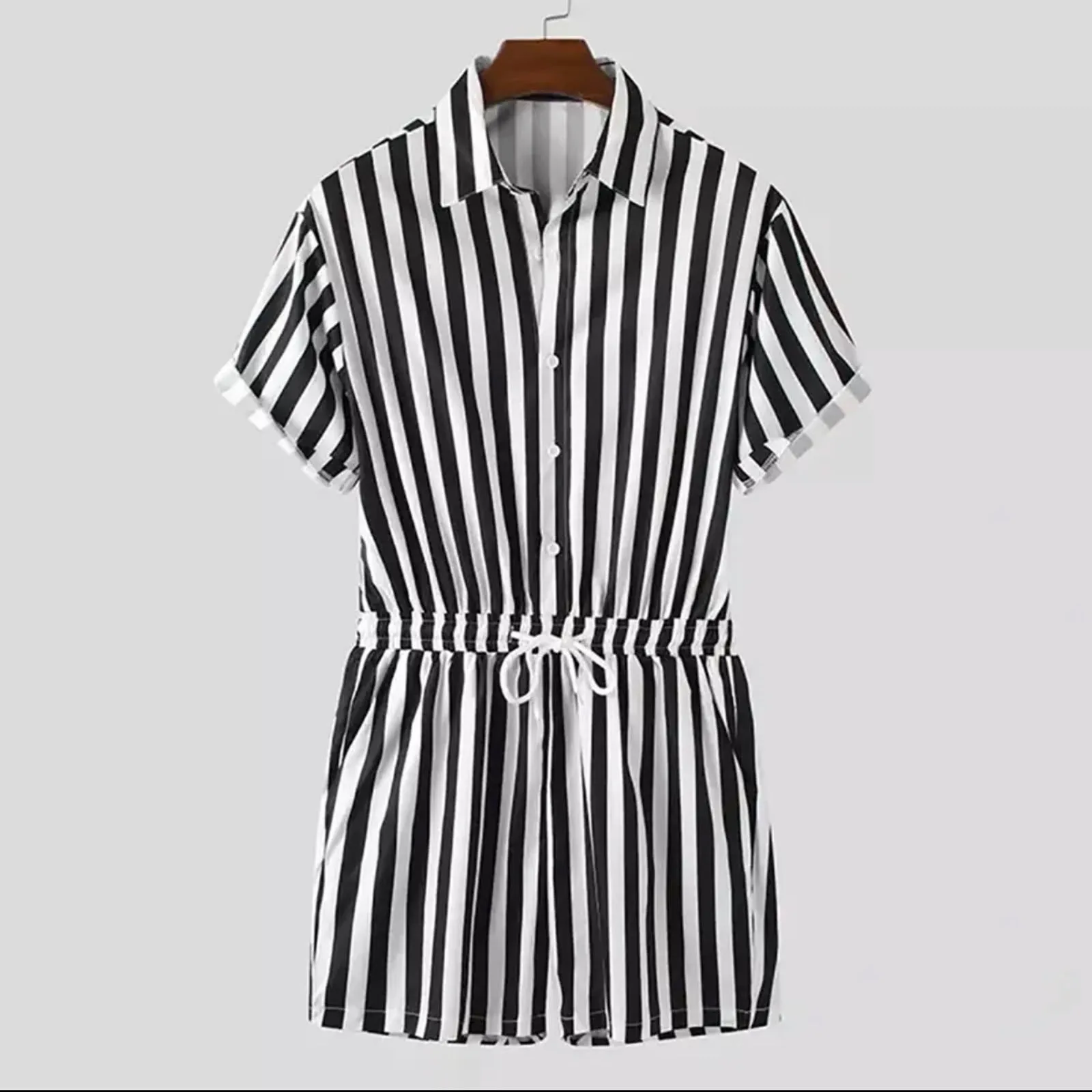 Men’s Striped Rompers Suit 2024 Fashion Causal Playsuit Short Sleeve Button Shorts Lapel Jumpsuit Drawstring Streetwear Playsuit