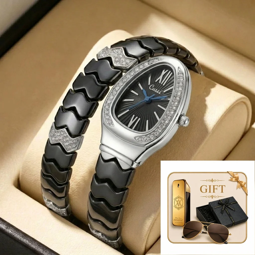 4pc Ladies Black Ceramic Elegant Diamond-embellished Sunglasses Perfume Quartz Watch Gift Box Set, Birthday, Anniversary