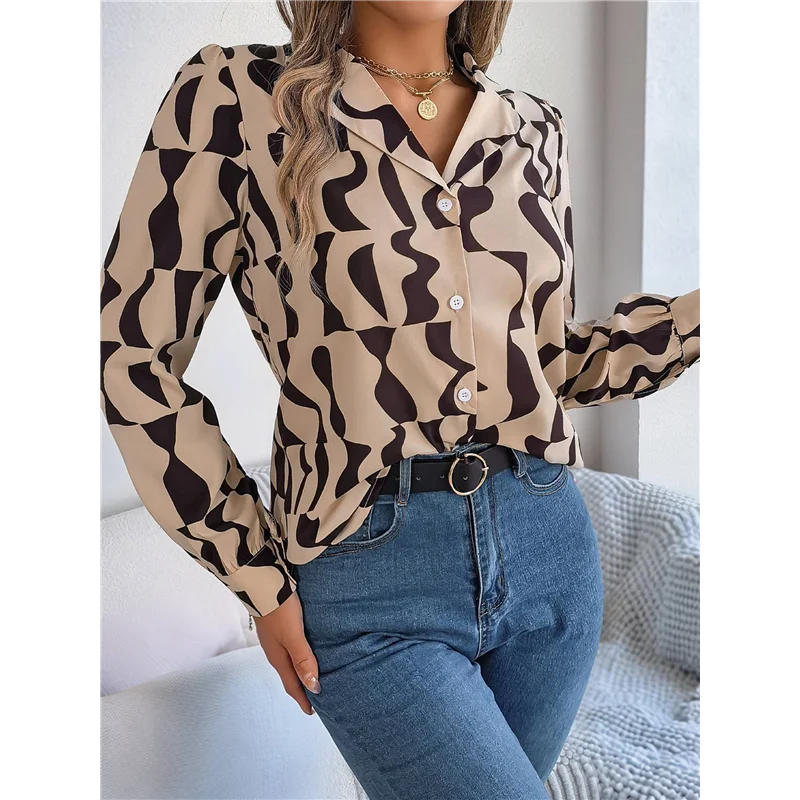 

【SEE】Women's Geometric Print Long Sleeve Button Front Shirt Blouse, Casual Slim All Over Print Collared Neck Blouse