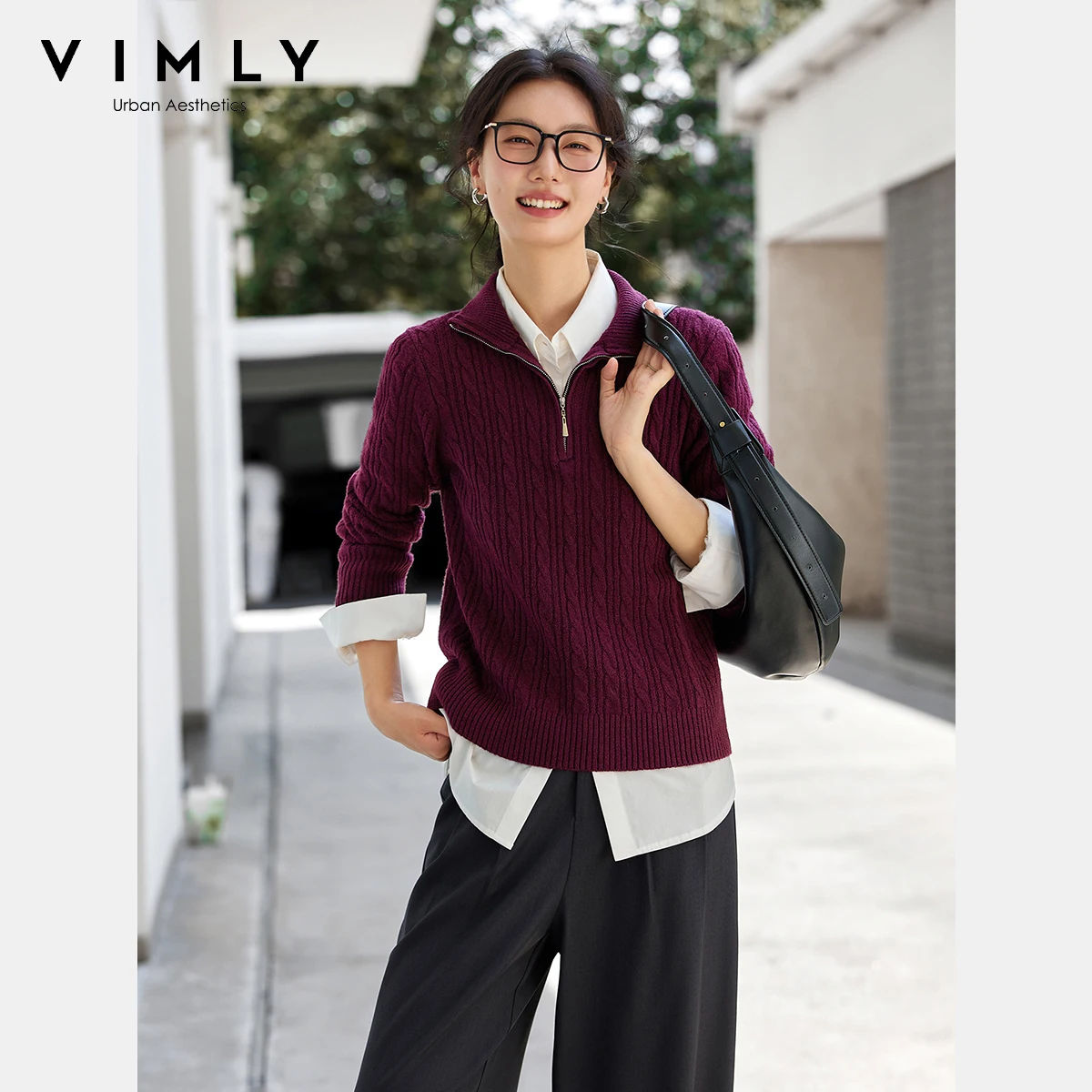 

VIMLY Green Wool Blended Twist Sweater Women's Autumn 25 New Lazy Wind Lapel Knitted Sweater Top 75091