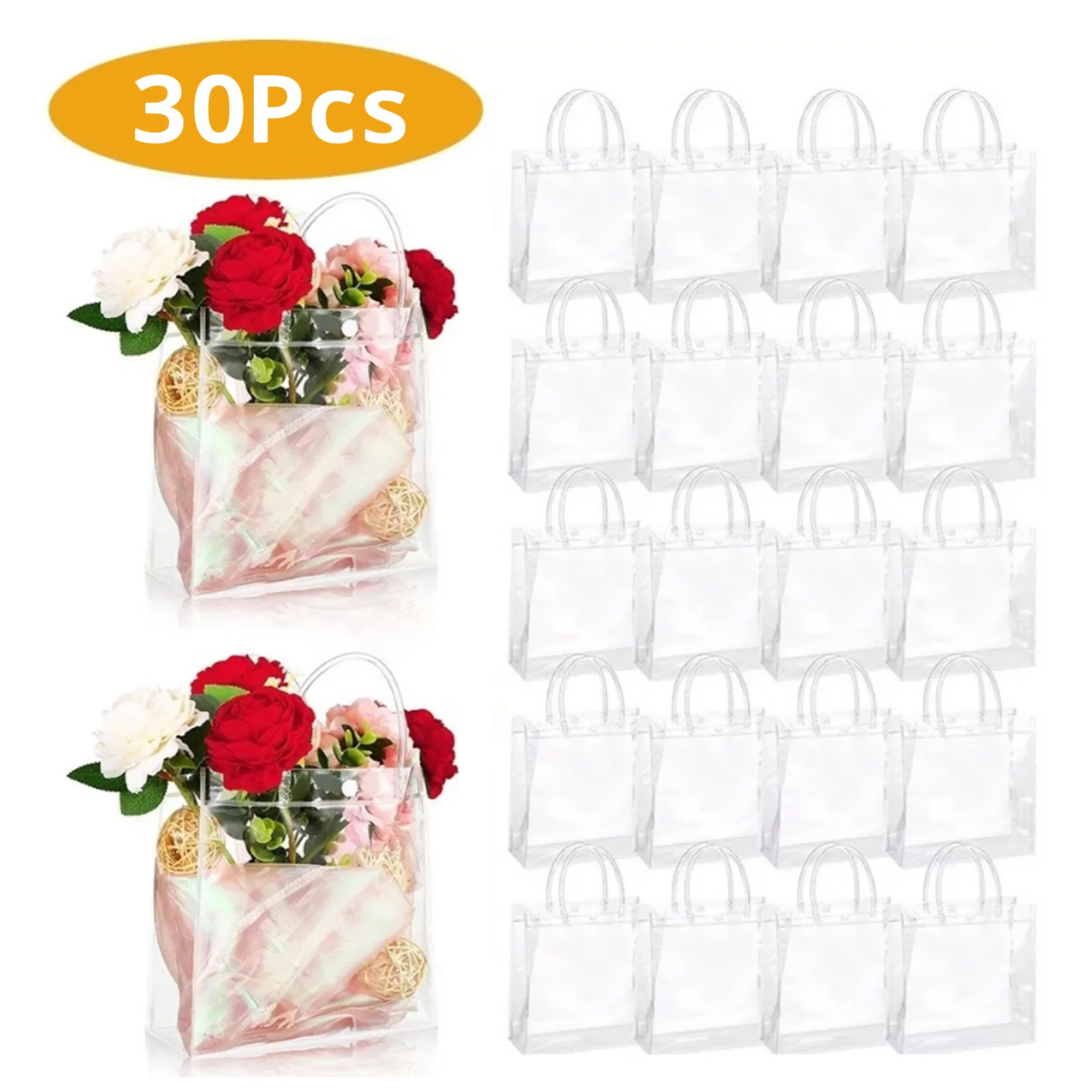 30Pcs Clear PVC Plastic Gift Bags with Handles Reusable Plastic Gift Wrap Tote Bags for Shopping Retail Gifts Business Wedding