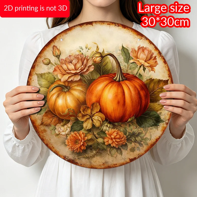 2D Flat, 1pc Vintage Aluminum Sign Autumn Pumpkin Wall Decor, Round Farmhouse Harvest Plaque with English Text, Cafe Decor