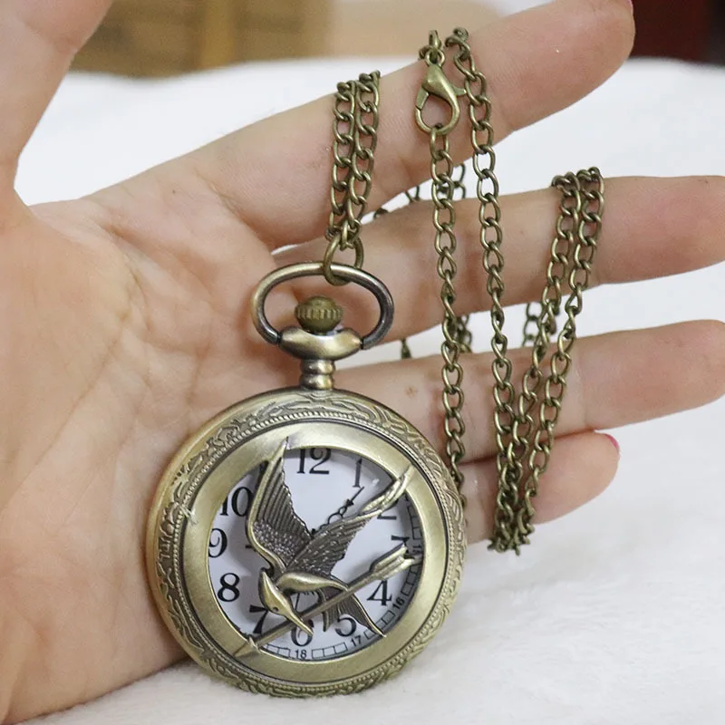 Antique Metal Jewelry Timepiece Clock Mockingbird Bronze Antique Necklace Pendant Chain Pocket Watch