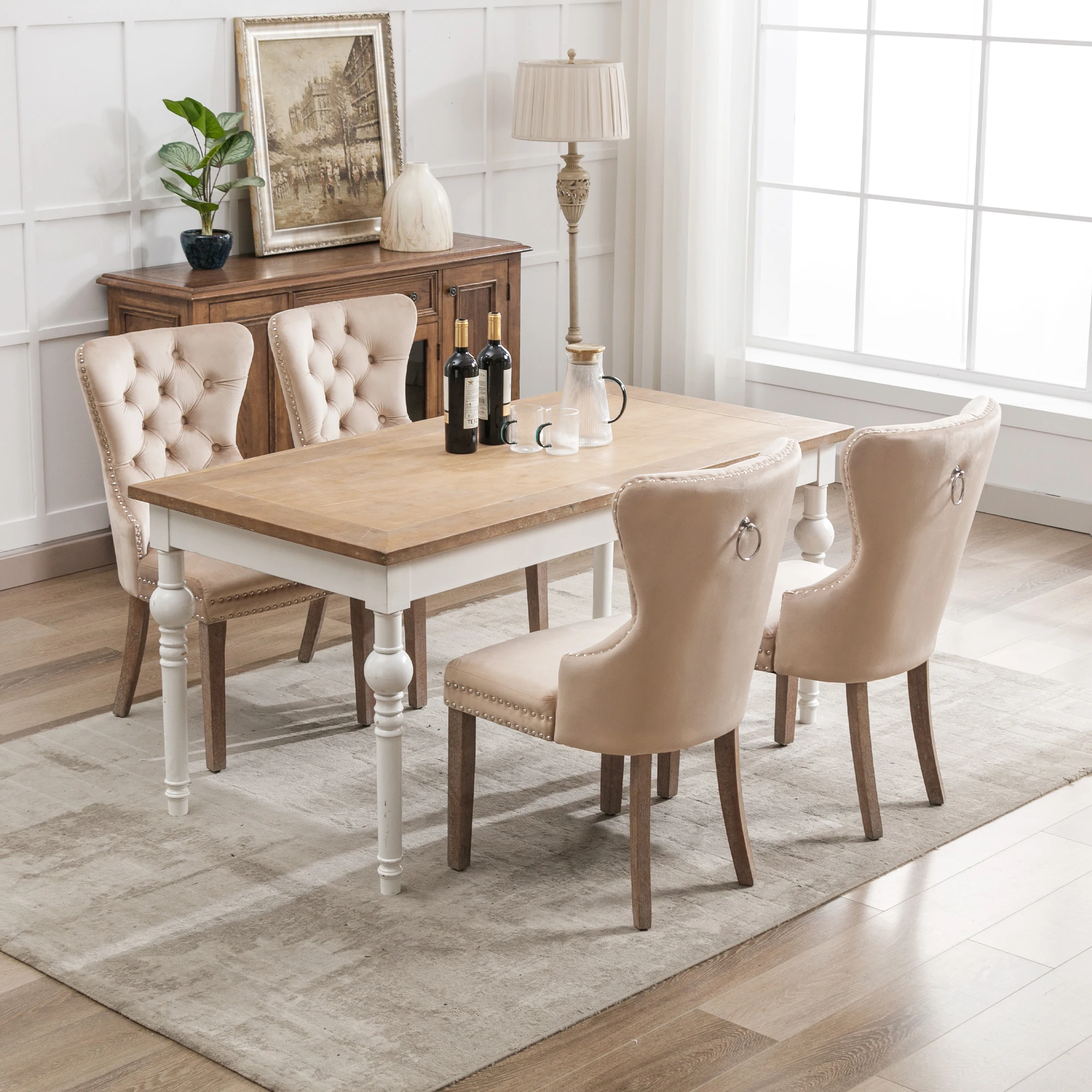 ROSAHQNDA Set mit 2/4 modernen Esszimmerstühlen, Beinen aus Massivholz, gepolsterter Stuhl mit dekorativen Nägeln, Samtbezug, für das Esszimmer