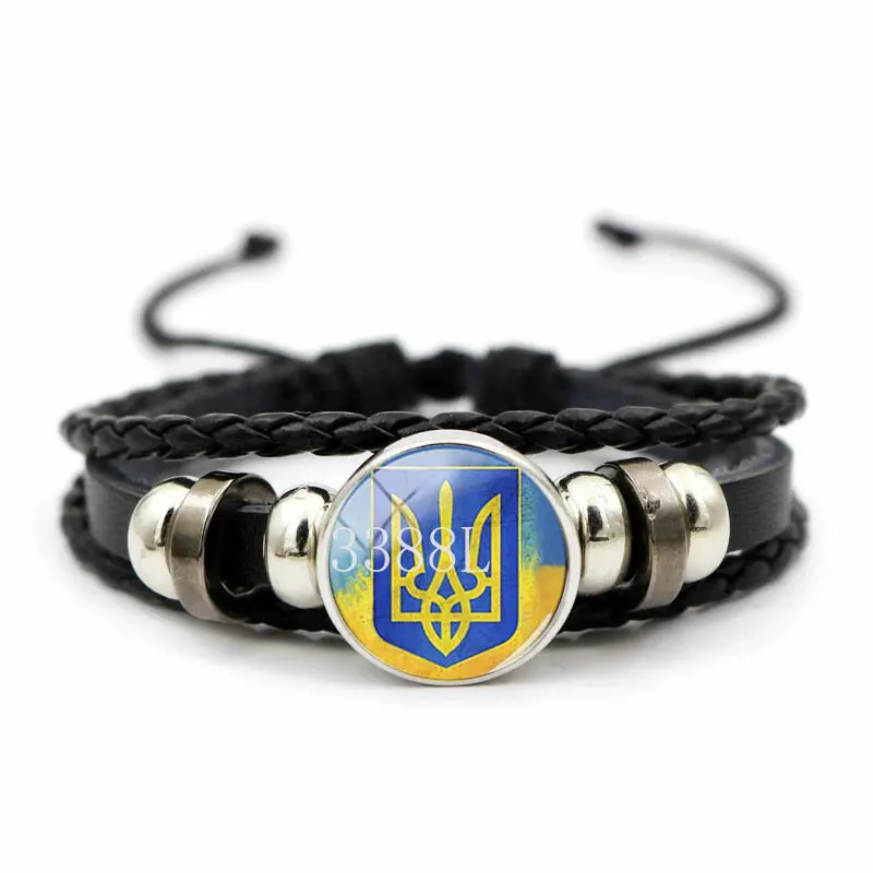 Popular Jewelry Glass Pendant Decorative Leather Bracelet Ukrainian Trident Tryzub Yellow Blue Flag - view 4