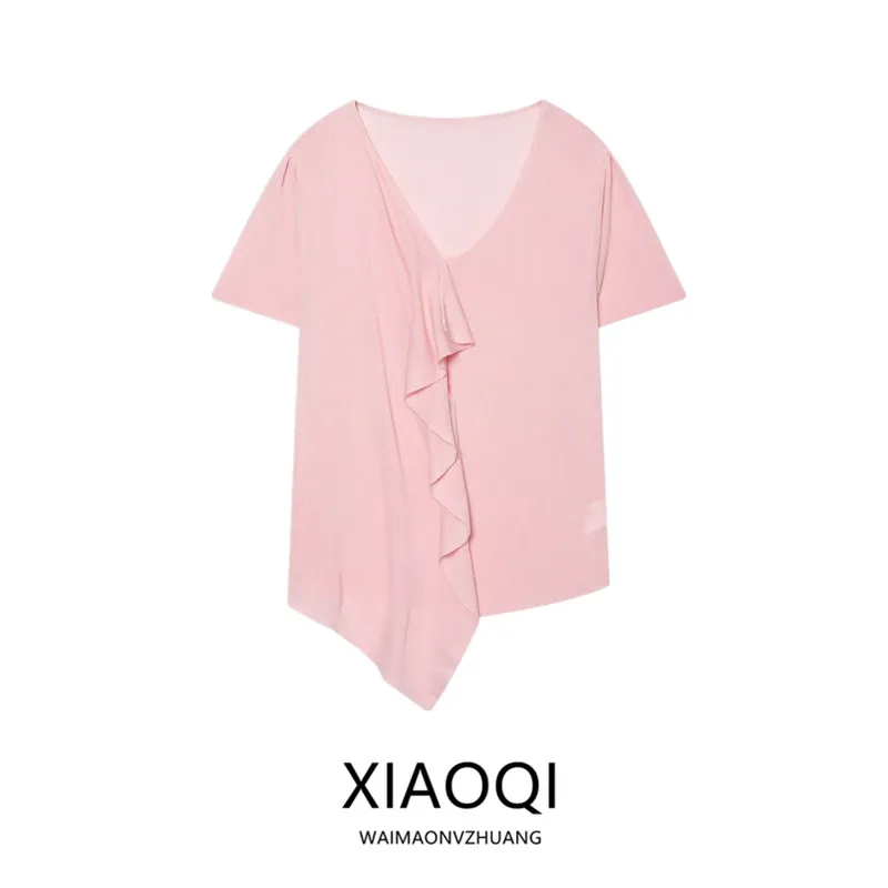 Summer 2026 Women's Knitted Short Sleeve V-Neck Layered Decorative Top Loose Fit Embellished Hemline Comfortable Casual Wear
