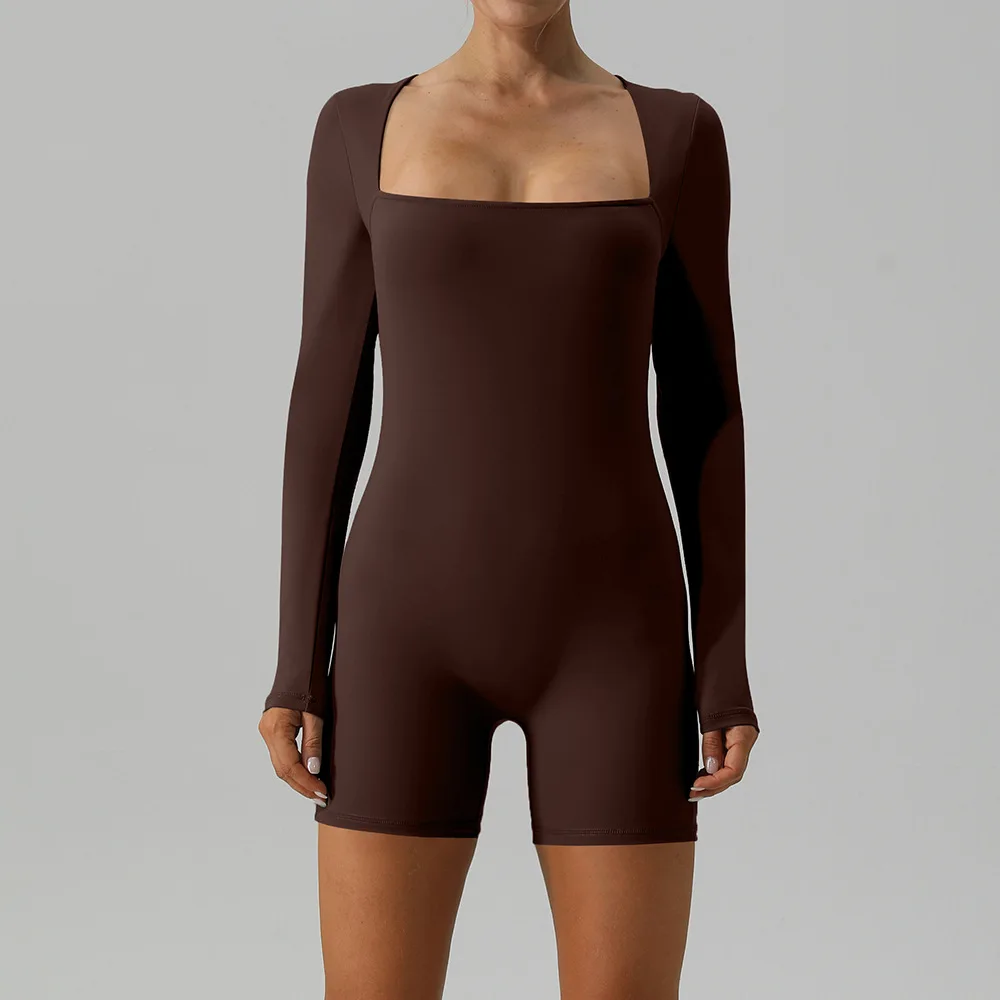 Gymdolphin 2026 New Women's Activewear Bodysuit Solid Color Long Sleeve Square Neck Short Pants Bodycon Sports Jumpsuit Rompers