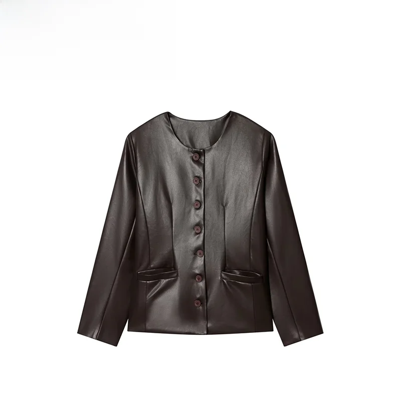 

Модное осеннее женское кожаное пальто с пуговицами. Универсальная верхняя одежда Sli ort для женщин. Полиэфирное волокно.