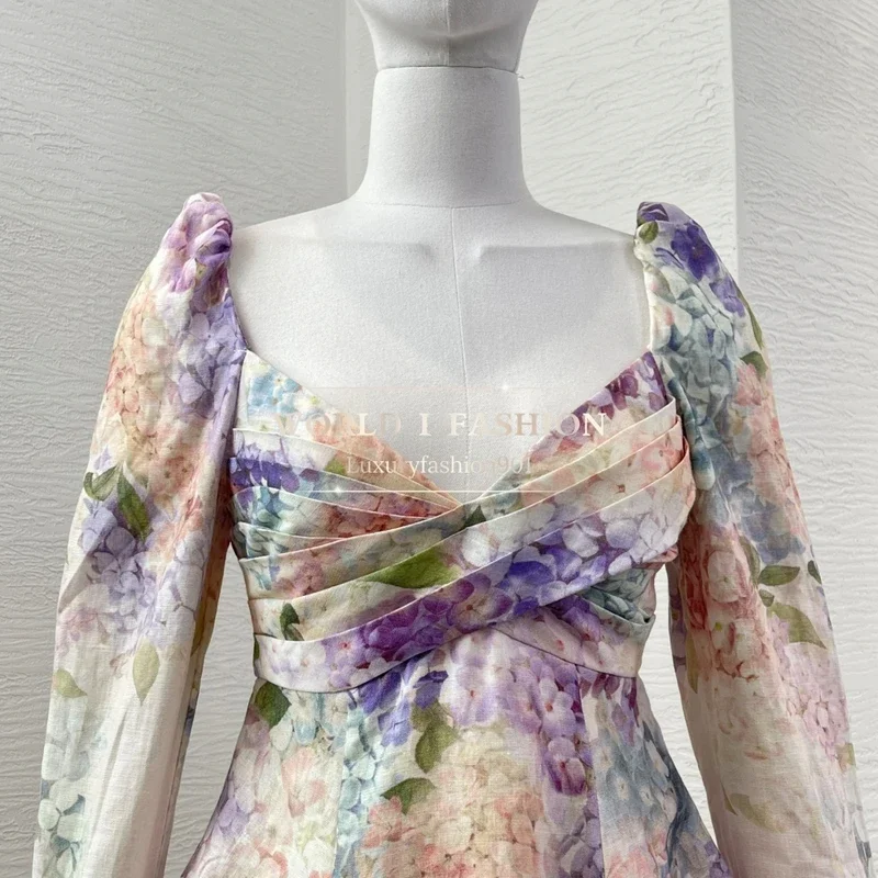 فستان نسائي قصير عتيق موديل 2025 جديد مختلط الألوان مطبوع عليه زهور عالي الجودة وأكمام طويلة بدون حمالات على شكل حرف a #4