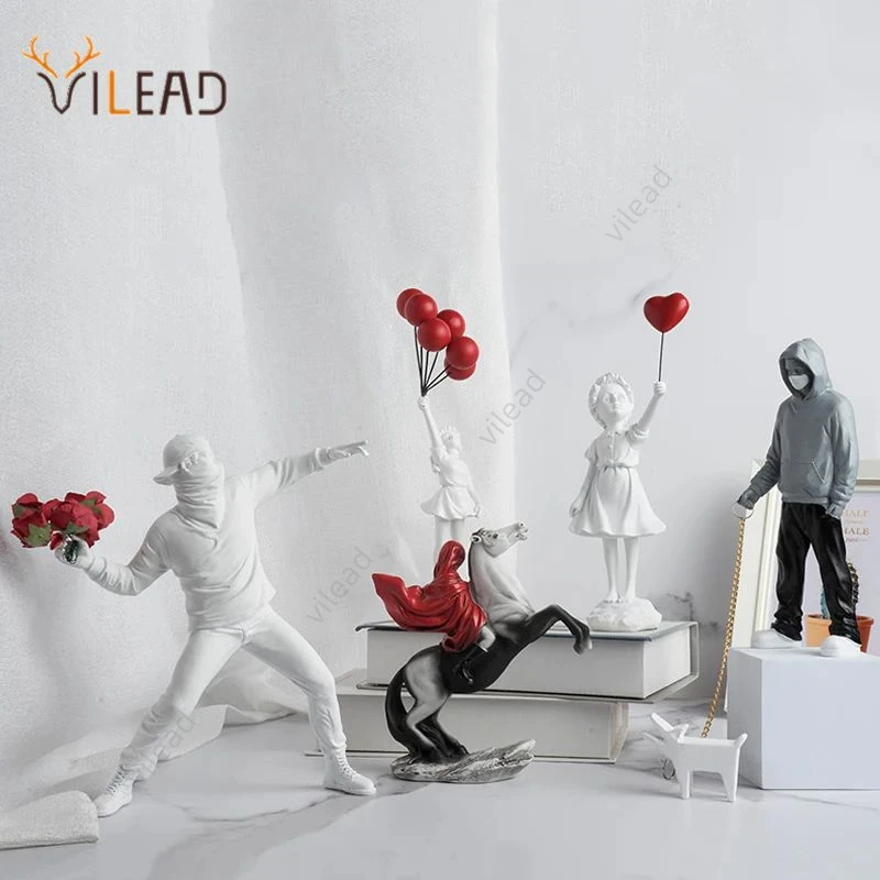 Vivead Banksy Sculpture Collection Flower Thrower Statue Pop Art Modern Balloon Girl Figurine Office Home Decoration Street