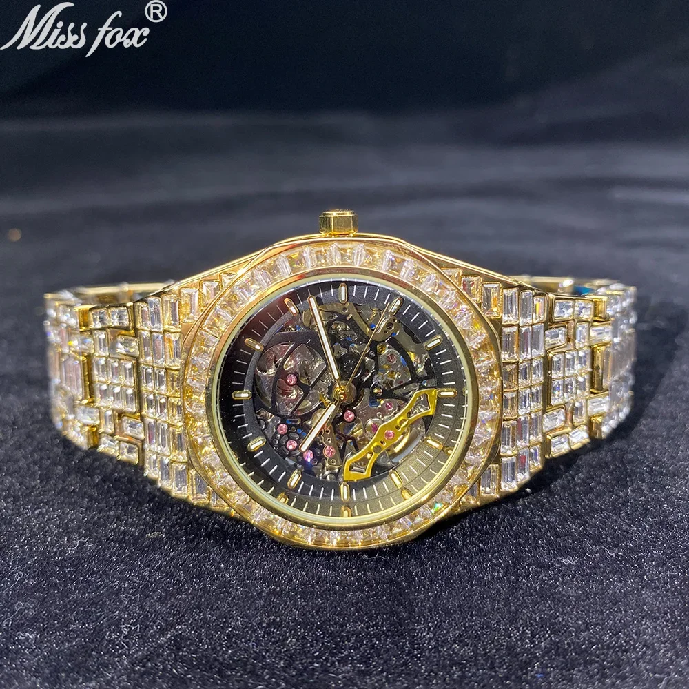 Aaa Diamond Man Mechanical Luxury Baguette Rhinestones Watches in Yellow Gold Shine Stainless Steel Watch Quality Business Watch