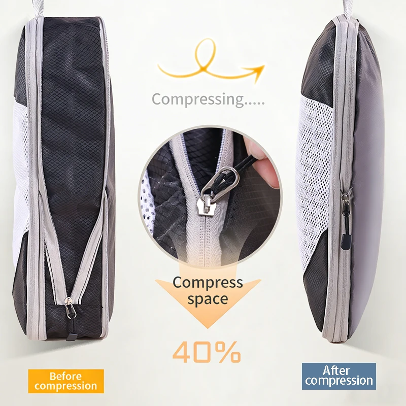 Travel packing set includes compressible luggage, clothes, underwear, pants, organizing bag, travel clothing, shoes, and packing