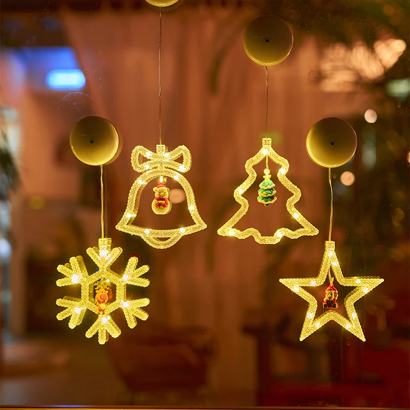 Christmas Decor LED Light Window Suction Cup Lamp Snowflake Christmas Tree Star Pendant Light for Bedroom Living Room Restaurant