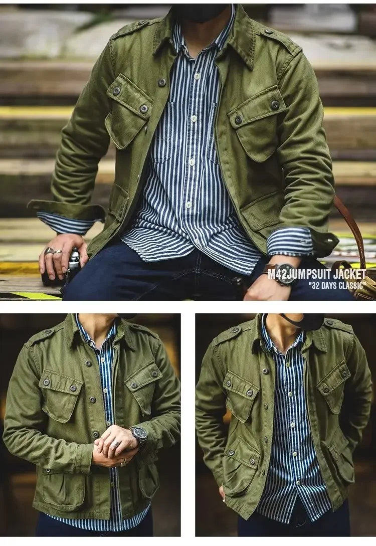 ミリタリーカーゴジャケット男性春秋マルチポケット無地レトロコンバットジャケット男性-m42-クラシックボンバー-chaquetas-hombre