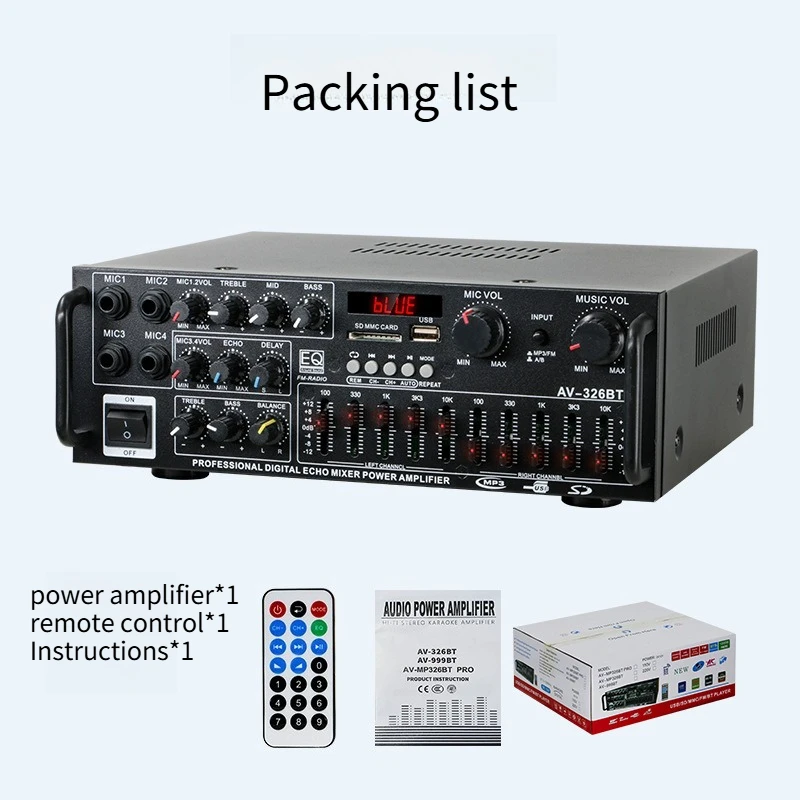 12V/220V Dual Use High Power Bluetooth Power Amplifier EQ Equalizer Audio Amp for Car Home Outdoor Karaoke System